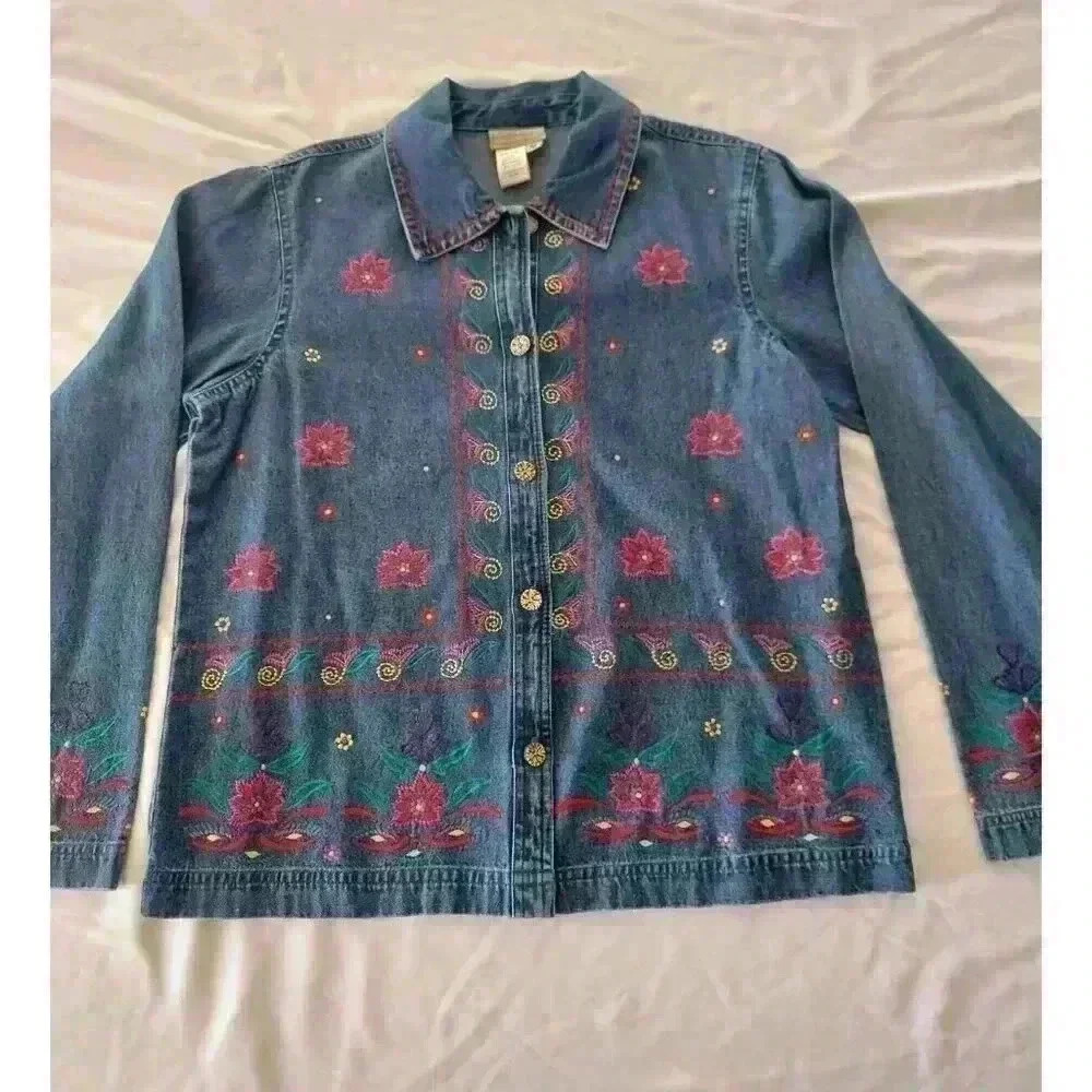 Coldwater Creek Denim Jacket Large Embroidered Flowers Cotton MEDIUM